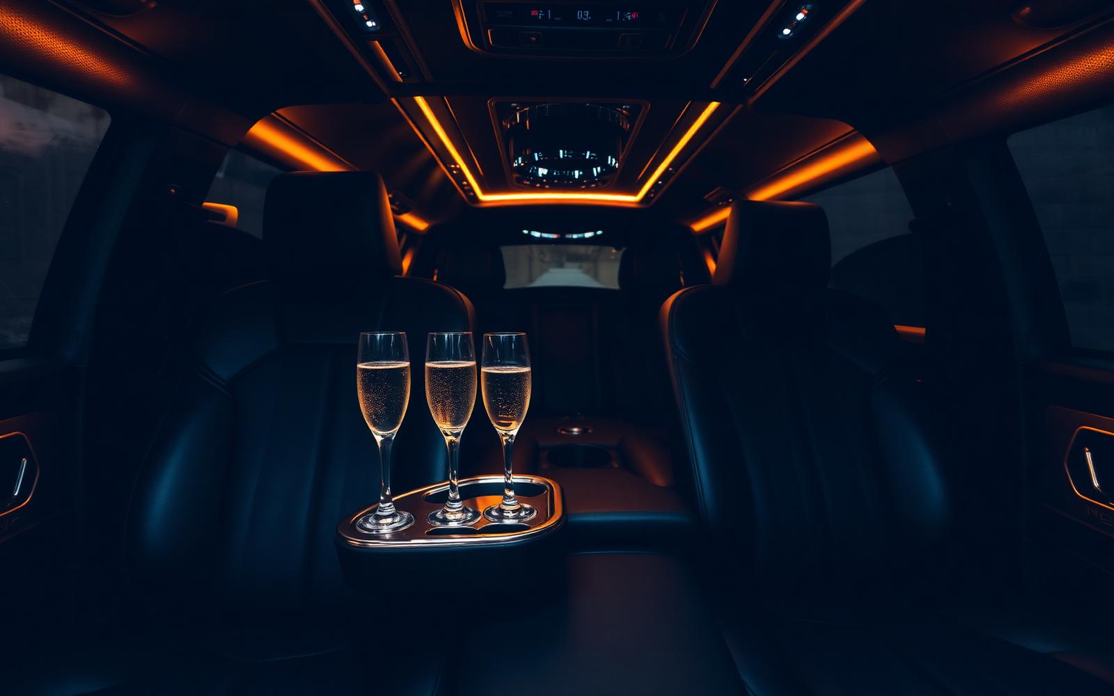 Luxurious interior of a chauffeured SUV with champagne service